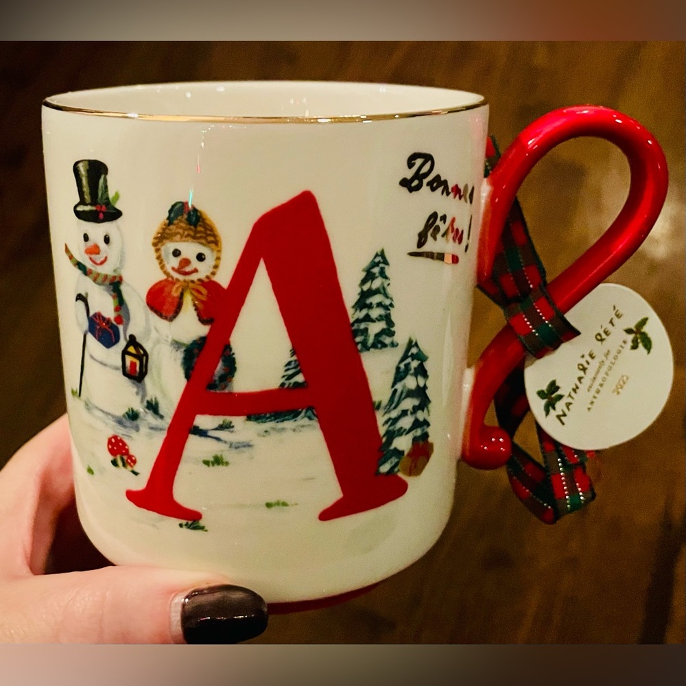 NWT “A” Nathalie Lete Stoneware Holiday Monogram Mug